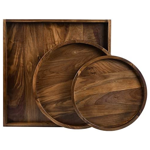 KINGCRAFT 3 Set Wooden Tray Ottoman Tray with Handles FSC Natural Handmade Black Walnut Serving Tray Vintage Decorative Platters for Kitchen,L+M+S