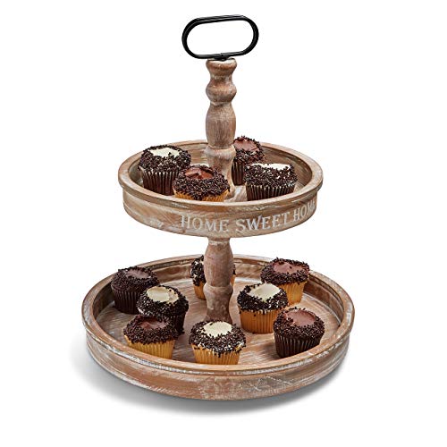 Sweet Home - Two Tier Serving Tray - Farmhouse Kitchen Display - Cupcake Stand - Rustic Wood - Sweet Printed Phrase - Fruit Basket - Coffee Table Decor - Creative Centerpieces - Round 2 Tier