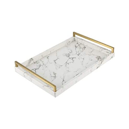 WV Decorative Tray 인조가죽 Faux Marble Finish Brushed Ti-Gold 스테인레스 스틸 Handle White