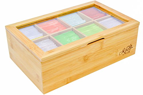 차보관함 Bamboo Tea Box Storage Organizer 100% Natural Wooden Finish Tea Bag Organizer 8 Storage Compartments and Clear Shatterproof Hinged Lid