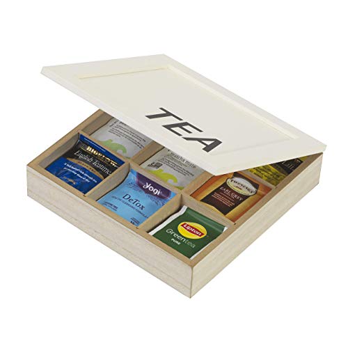 차보관함 10 Street Home Wood Tea Organizer Tea Box and Storage Chest Natural Wood with 9 Compartments Holds Up to 72 Standard Size Tea Bags Eggshell White Color For Kitchen Counter Cabinet and Pantry