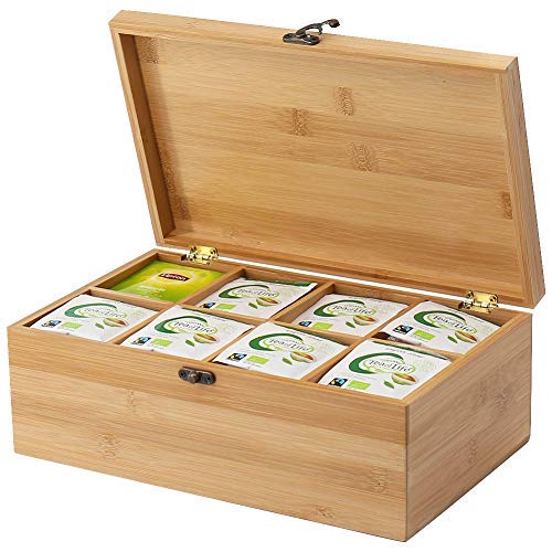 차보관함 Bamboo Tea Box Organizer with Lid and Stylish Lock Natural Wood Tea Bag Holder Chest with 8 Storage Compartments for Coffee Tea Sugar Packets Sweeteners Creamers Drink Pods Packets