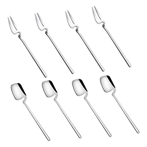 디저트포크 Qualizon 18/8 Stainless Steel Modern Thicken 5.5-Inch Mini Fruit Appetizer Forks and Dessert Spoons Set 4 Forks + 4 Spoons