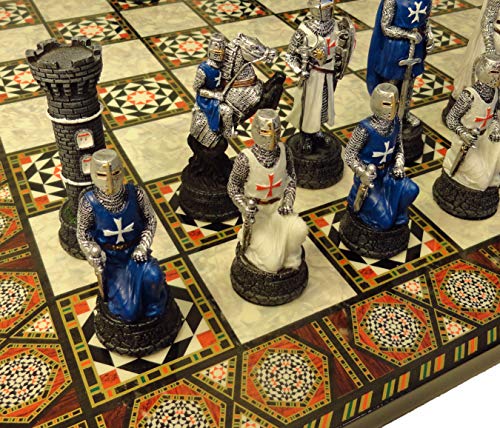 체스게임 세트 HPL Medieval Times Crusades Warrior Chess 블루 & White Maltese Cross 17" Mosaic 디자인 Board