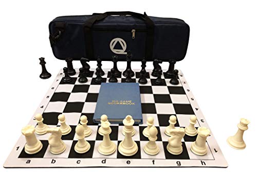 체스게임 세트 Qualid Premium Triple Weighted Tournament Chess Set- On Go Play Roll Up Board That is Transportable/Lays Flat Includes Pieces Quiver 가방 Annotation Book