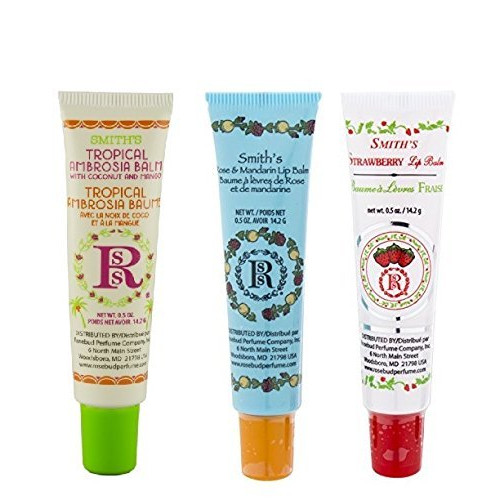 립밥 Rosebud 향수 Co. Tube 3팩 Tropical Ambrosia Balm Rose & Mandarin 립밤 Strawberry