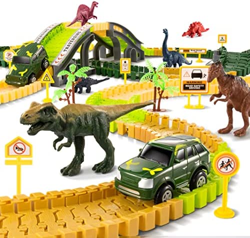 348 Pcs Dinosaur Toys Train Track Set w/ 6 Jurassic Dino Figures, 2 Electric Jeep Car, Educational Twisted Flexible Train Track Play Set w/ Rockery, Tree, Bridge for Toddlers, Boys & Girls