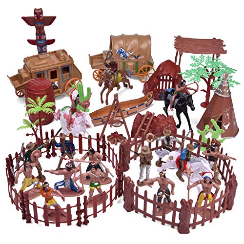 밀리터리 피규어 FunLittleToy 61 PCs Wild West Cowboys Indians Plastic Figures 토이 Soldiers 어린이 Easter Basket Stuffers 소년 War Game