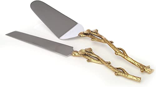 2 Piece Gold-leaf (twig) Cake Server Set. 1 Cake Knife and 1 Cake Server. Leaf Design 2 Tone Made of Stainless Steel and Brass. Ideal for Weddings, Partys, Elegant Events.