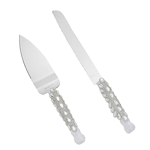 Juvale Wedding Cake Knife and Server, Stainless Steel Cutting Set with Diamonds, Crystals, Ribbon