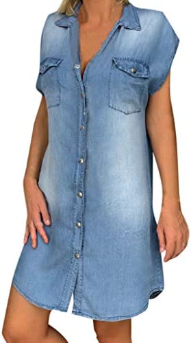 iLUGU 여성 Casual Loose Button Up Dress V Neck Jeans Dresses