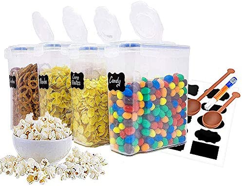 Cereal Container - 4 Piece Large Food Storage Containers Airtight Dry Plastic Dispenser Free Labels Paint Pen Measuring Spoon 16.9 컵 135.2oz