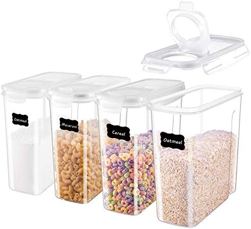 ME.FAN Cereal Storage Containers 세트 4 Airtight Food 4L 135oz - Large Kitchen Keeper 24 Chalkboard Labels BPA Free Easy Pouring Lid Black