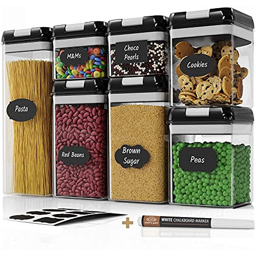 Chefs Path Airtight Food Storage Container 세트 - 7 PC Labels & Marker Kitchen Pantry Organization Containers BPA-Free 클리어 Plastic Canisters Improved Durable Lids Black
