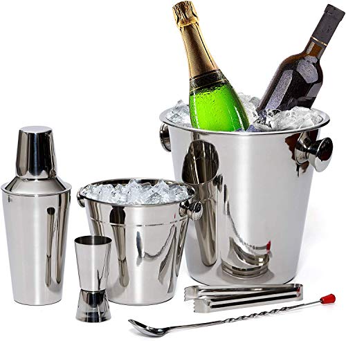 칵테일바 세트용품 Bar Set By Bezrat &ndash Stainless Steel Barware Accessories - Cocktail Kit for Parties & Fun &ndash 6 Piece Bartender Set with Cocktail Shaker Double Jigger Ice Tongs Wine Chiller Ice Bucket & Mixing Spoon
