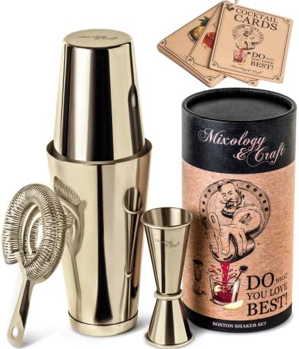 Mixology Cocktail Shaker Boston Shaker Set Professional Weighted Martini Shakers, Strainer and Japanese Jigger, Portable Bar Set for Drink Mixer Bartending, Exclusive Recipes Cards (Silver)