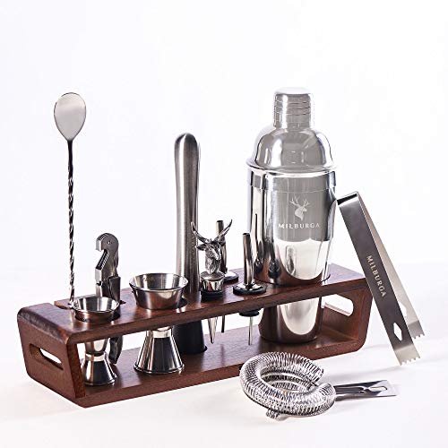 칵테일바 세트용품 MILBURGA Complete Bartender Kit with Wooden Stand - Premium 12-Piece Cocktail Shaker Set with Bar Essentials & Home Barware Mixing Accessories &ndash Professional Mixology Bartending Drink Mixer Tool Set
