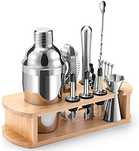 칵테일바 세트용품 Bournis Bar Tool Set with Stand 16 Pcs 750mL Stainless Steel Cocktail Bartender Shaker Set with Stand Bar Shaker Strainer Jigger Muddler Wine Stopper Pourer Kit