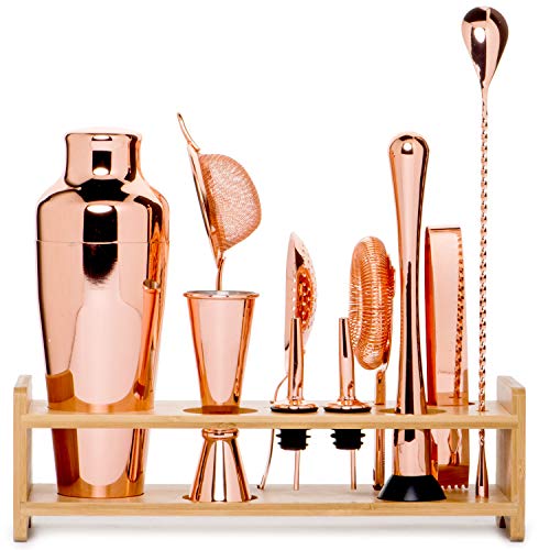 칵테일바 세트용품 Jillmo Pro Martini Bartender Kit Copper Coated Rose Gold Stainless Steel Bar Set with Bamboo Stand - 19 oz Parisian Gold Cocktail Shaker with Bar Accessories u2026