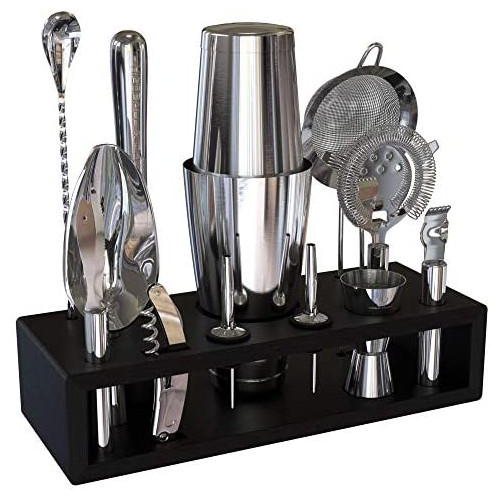 칵테일바 세트용품 Highball & Chaser Bartender Kit with Espresso Bamboo Stand Beautiful Cocktail Shaker Bar Set with Highest Quality Bar Tools/Bar Accessories Stainless Steel Boston Shaker Bartender Kit with Stand