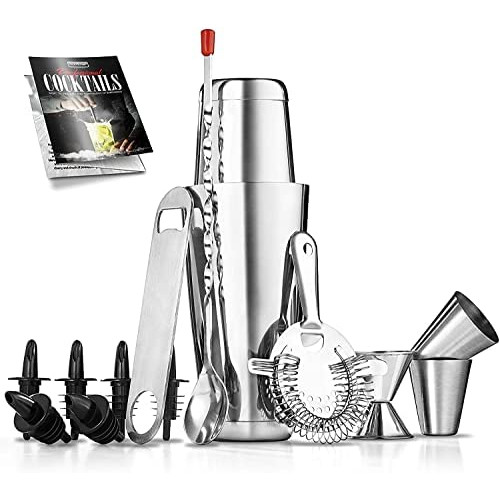 칵테일바 세트용품 Mixology Bartender Cocktail Shaker Set - 15 & 30 oz Stainless Steel Cocktail Bar Set Mix Drink Shaker Kit - Essentials Martini Making Kit Drink Mixing Starter Set - NutriChef NCCS15PC 15 Piece Set