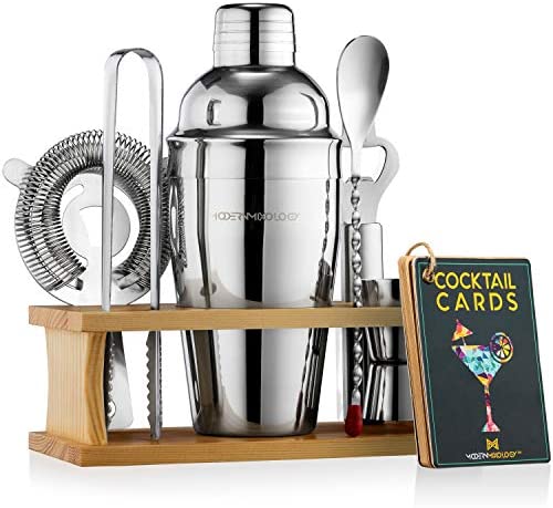 칵테일바 세트용품 Mixology Bartender Kit with Stand Bar Set Cocktail Shaker Set for Drink Mixing - Bar Tools Martini Shaker Jigger Strainer Bar Mixer Spoon Tongs Bottle Opener Best Bartender Kit for Beginners
