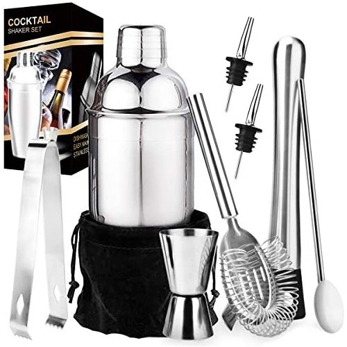 칵테일바 세트용품 18oz Stainless Steel Cocktail Shaker Bar Set Tools with Martini Mixer Double Measuring Jigger/Mixing Spoon/Liquor Pourers/Muddler/Strainer and Ice Tongs Professional Bar Accessories 8 Piece Set
