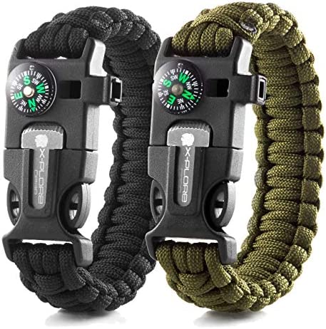 X-Plore Gear Emergency Paracord Bracelets 세트 2 Ultimate Tactical Survival Flint Fire Starter Whistle Compass & Scraper Best Wilderness Survival-Kit Camping/Fishing More