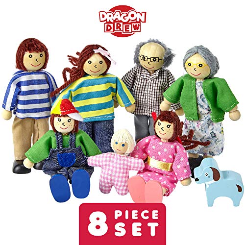 Wooden Dollhouse Family 세트 - 8 Piece Kit Mom Dad Grandparents Children Baby Dog &ndash 100% Natural Wood Nontoxic Paint Smooth Edges