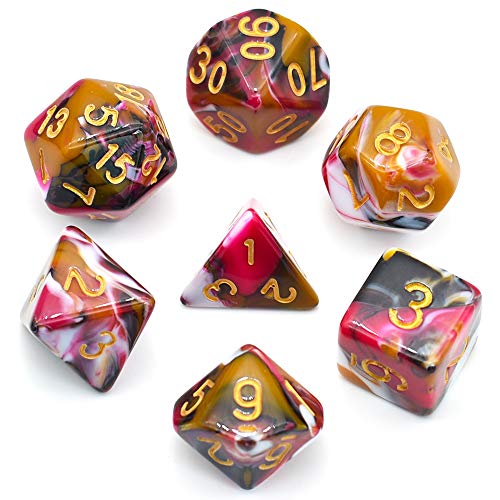 cusdie Polyhedral DND Dice 세트 4 Color Blend Dungeons Dragons RGP Purple Pouch 매트 White Brown Rose