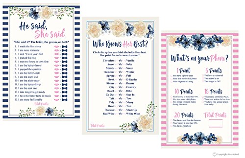 3 Bridal Shower Games 컬렉션 50-Sheets Each Game - He Said She How Well Do You Know Bride Whats On Your Phone