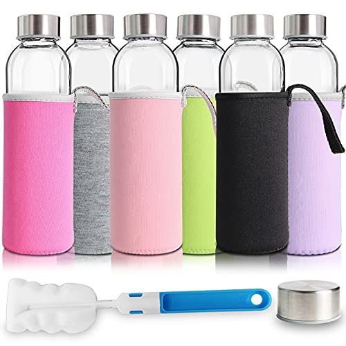 YEBODA Glass Water Bottles 18oz Beverage Juicer Use 스테인레스 스틸 Caps - Including Colorful Nylon Protection Sleeve,Pack 6