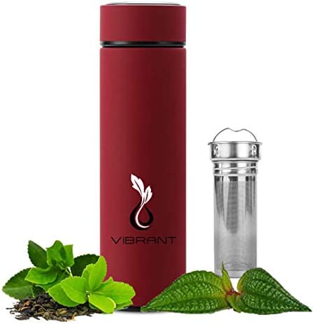 Vibrant All in ONE Travel Mug - Tea Infuser Bottle - Insulated HOT Coffee Thermos - Cold Fruit Infused Water Flask - Food Grade Leak Proof Tumbler Double Wall Stainless Steel 16.9 oz