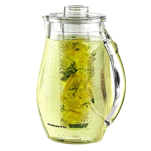OVENTE Infused Water Pitcher 85 Ounces Lid Removable 2 Rods Ice Fruit Infusion Drip-Free Spout Perfect Hot Cold Tea Juice Beverage Chrome PIA0852C