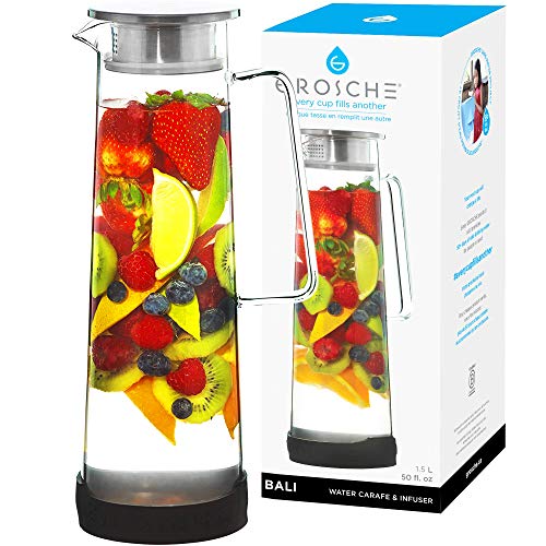 GROSCHE BALI Hand-Made Glass Water Infuser & Pitcher 스테인레스 스틸 Filter Lid 1500ml