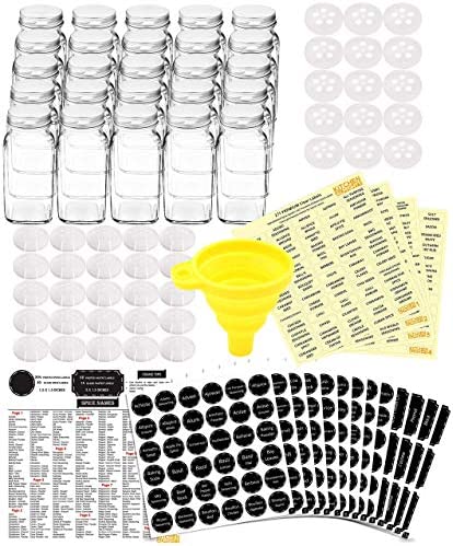 25 Glass Spice Jars Complete 세트 667 Chalkboard & 클리어 Printed Pantry Labels - 4 fl Oz Empty 스퀘어 Bottles w/ Pour/Sift Coarse Shakers Airtight Cap Silicone Funnel KITCHEN ALMIGHTY