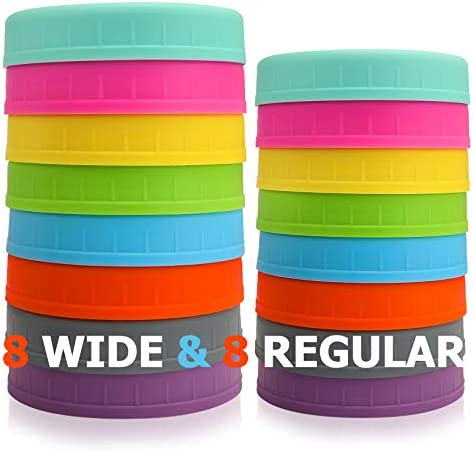 Aozita 16팩 Colored Plastic Mason Jar Lids Fits Ball Kerr & More - 8 Wide Mouth Regular Food-Grade Storage Caps Canning Jars Anti-Scratch Resistant Surface