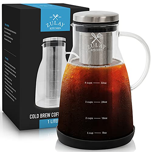 Airtight Cold Brew Coffee Maker EXTRA-THICK Glass Carafe 스테인레스 스틸 Mesh Filter Non-Slip Silicone Base - Premium Iced Pitcher & Tea Infuser Zulay