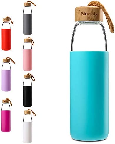 NERUB 18 22 OZ BPA Free Borosilicate Thick Glass Water Bottle Bamboo Lid - Dishwasher Safe