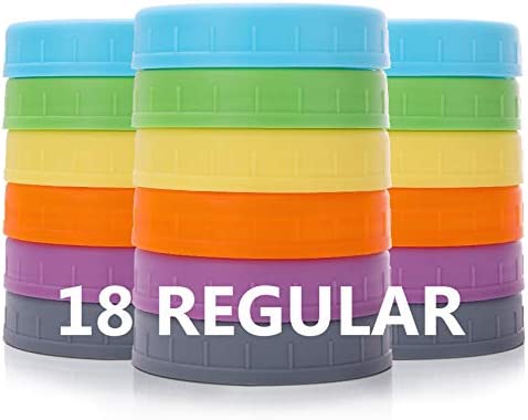 Aozita 18팩 Plastic REGULAR Mouth Mason Jar Lids Ball Kerr More Silicone Rings - Food Grade Colored Storage Caps Mason/Canning Jars Anti-Scratch Resistant Surface