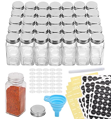 AOZITA 36 Pcs Glass Spice Jars with Spice Labels - 4oz Empty Square Spice Bottles - Shaker Lids and Airtight Metal Caps - Chalk Marker and Silicone Collapsible Funnel Included