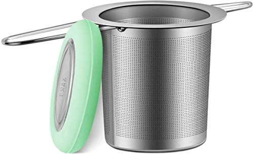 COSYLAND Tea Strainer 18/8 Stainless Steel Tea Infuser Tea Filter Loose Tea Infuser Mesh Strainer Brewing Basket with Lid & Large Capacity & Double Handles u2013 Green