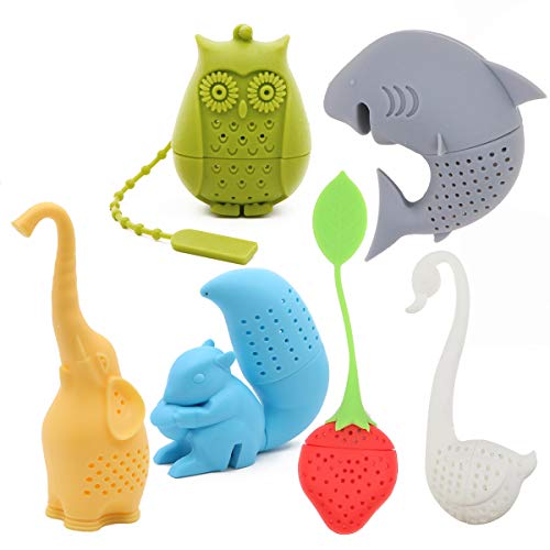 Creative Cute Animal Eco-friendly Silicone Tea Infuser Strainer Set of 6 PCS Elephant Shark Swan Squirrel Strawberry Owl Tea Steeper Tea Lover&rsquos Gift