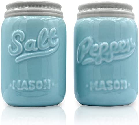 Blue - Small Size Vintage Inspired Ceramic Mason Jar 스타일 Salt Pepper Shakers Super Cute Retro Decorative Durable Functional My Fancy Farmhouse 3 inches tall