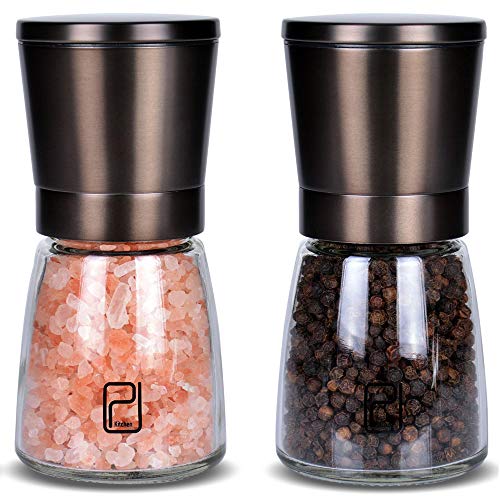 Premium Black Stainless Steel Salt and Pepper Grinder Set With Stand in Bamboo Wood - Gunmetal Salt and Pepper Shakers with Adjustable Coarseness - Bronze Pepper Mill and Salt Grinders Shaker set