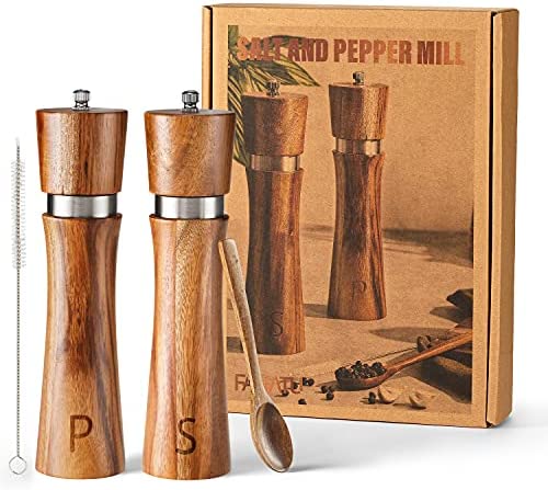 Wooden Salt and Pepper Grinder Set - Acacia Wood Pepper Mill & Salt Grinder with Adjustable Coarseness - Adding Wood Spoon and Cleaner Tool - Perfect Salt and Pepper Shakers Gift (8  Acacia)