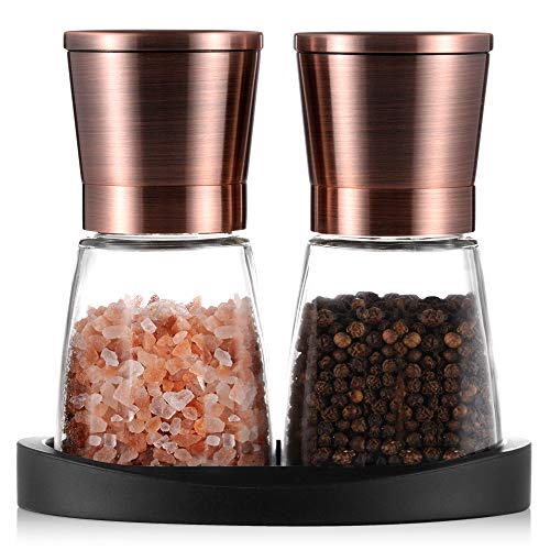Pepper Grinder, Salt and Pepper Mills with Silicone Stand (2 pcs) Brozen Painting Stainless Steel, Set of Salt and Pepper Grinders with Easy Adjustable Ceramic Coarseness, Glass Body