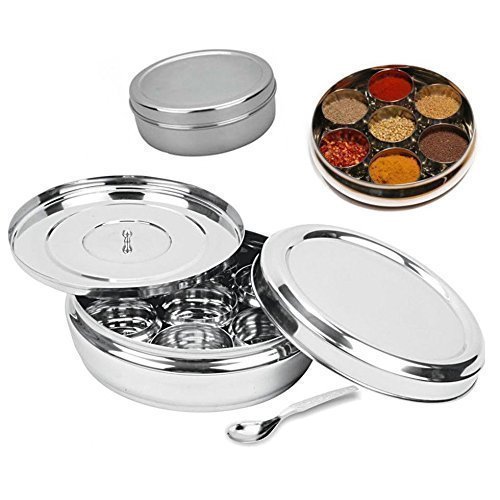 Stainless steel Spice Box With 7 Container And Lid Spice Organizer Masala Dabba, Spice Container, Spice Box kitchen Accessories Tools Indian Spice box, Spice container box, Spice Storage box (8 Inch)