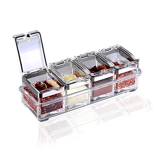 양념통 TOAO 4 Piece Separable Acrylic Spice Rack Jars & Rack, Spice Container,Seasoning Box Spice Pots with Spoons-Storage Container Condiment Jars--New Update Independent Cover and Non-slip Rubber
