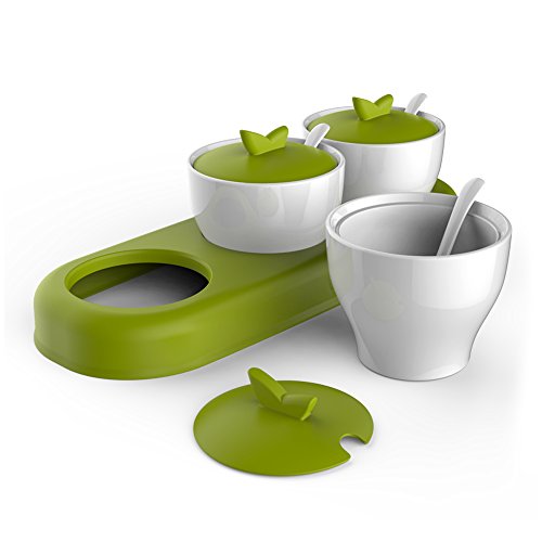양념통 zova Ceramic Condiment Spice Jars Seasoning Box with Lid, Serving Spoon and Tray, Set of 3, White & Green